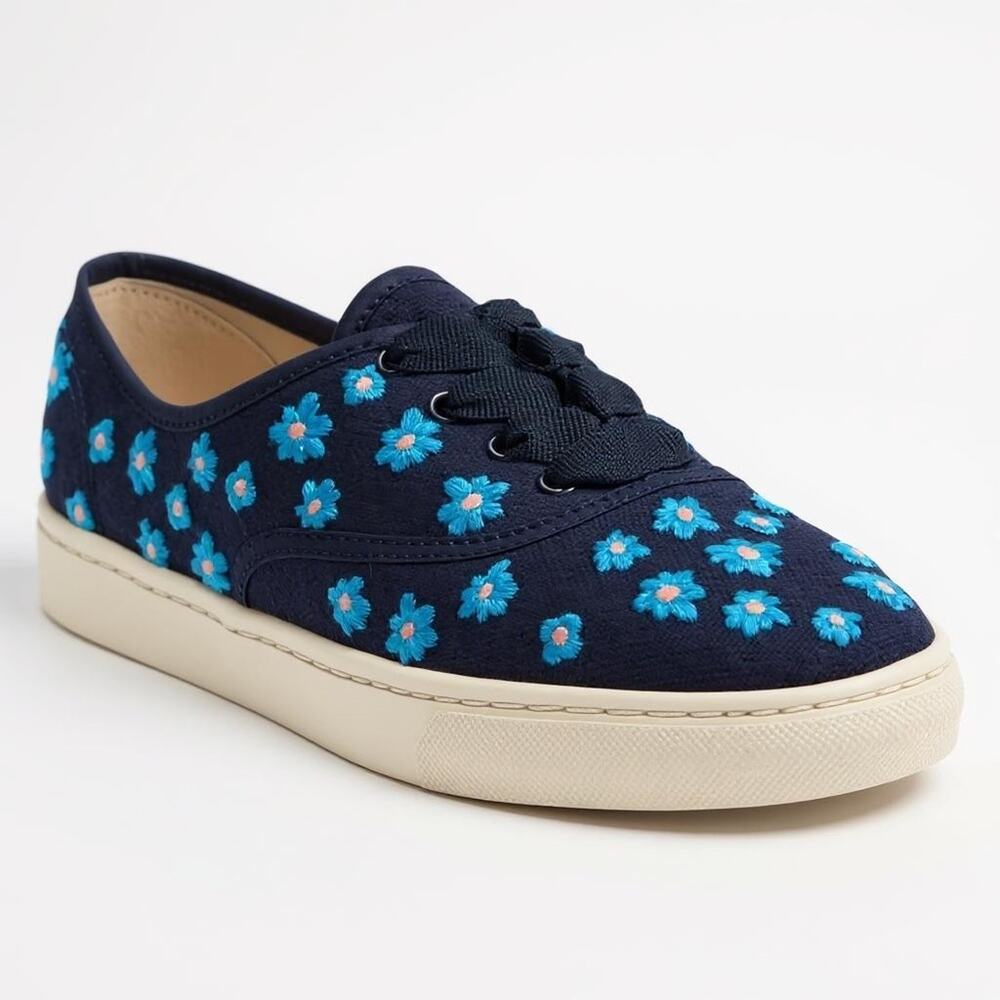 Soludos Low Top Sneakers Floral Embroidery Organic Cotton Navy Blue 7M New - Picture 15 of 15